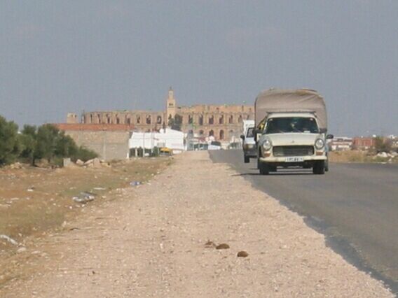 The hot and dusty road out of El Jem.