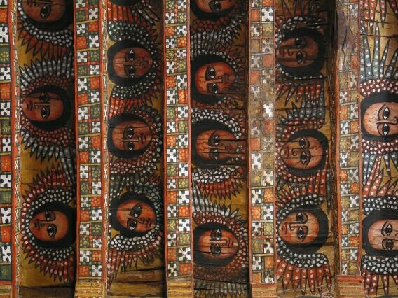 The colourful Saints adorning the roof of the 16th century church, Gondar.